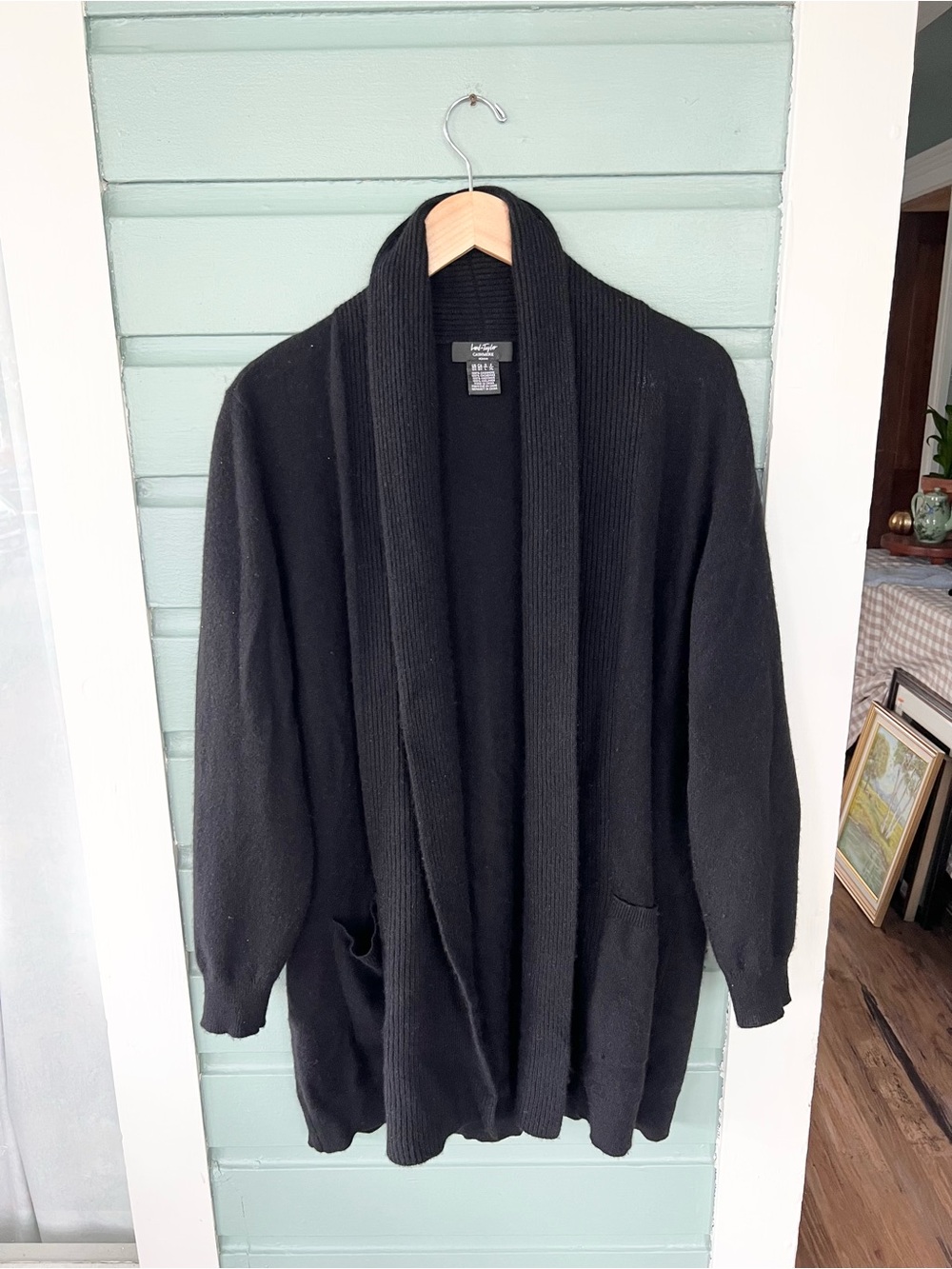 Lord and Taylor 100% cashmere black open cardigan chunky cozy fall work XL